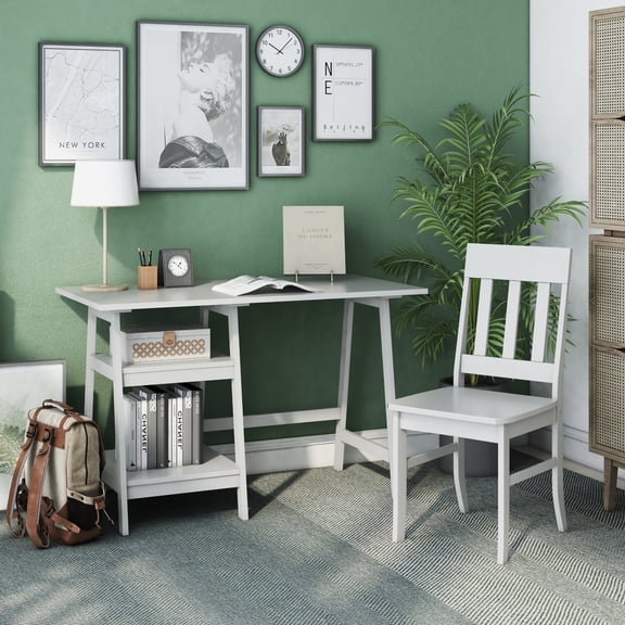 Oller Solid Wood 2-Piece Writing Desk Set with Shelf, White