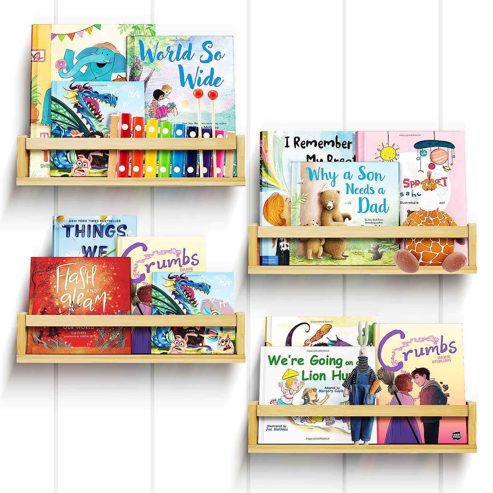 Ollieroo 10” x 35” 4-Tier Bamboo Floating Shelves Kids Room Decor