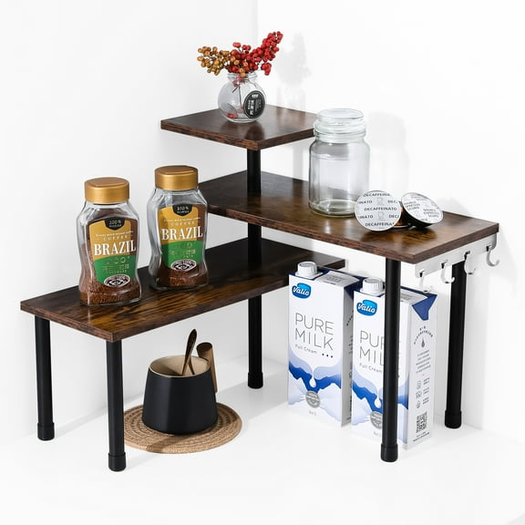 Ollieroo 3 Tier Kithen Countertop Organizer,Bamboo Corner Shelf,Bathroom Storage Display Counter Shelves for Make Up,Dresser Table with Hooks,Rustic Brown