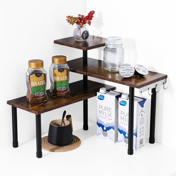 Ollieroo 3 Tier Kithen Countertop Organizer,Bamboo Corner Shelf,Bathroom Storage Display Counter Shelves for Make Up,Dresser Table with Hooks,Rustic Brown
