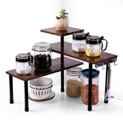 Ollieroo 3 Tier Kithen Countertop Organizer,Bamboo Corner Shelf,Bathroom Storage Display Counter Shelves for Make Up,Dresser Table with Hooks,Rustic Brown
