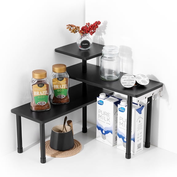 Ollieroo 3 Tier Kithen Countertop Organizer,Bamboo Corner Shelf,Bathroom Storage Display Counter Shelves for Make Up,Dresser Table with Hooks,Black