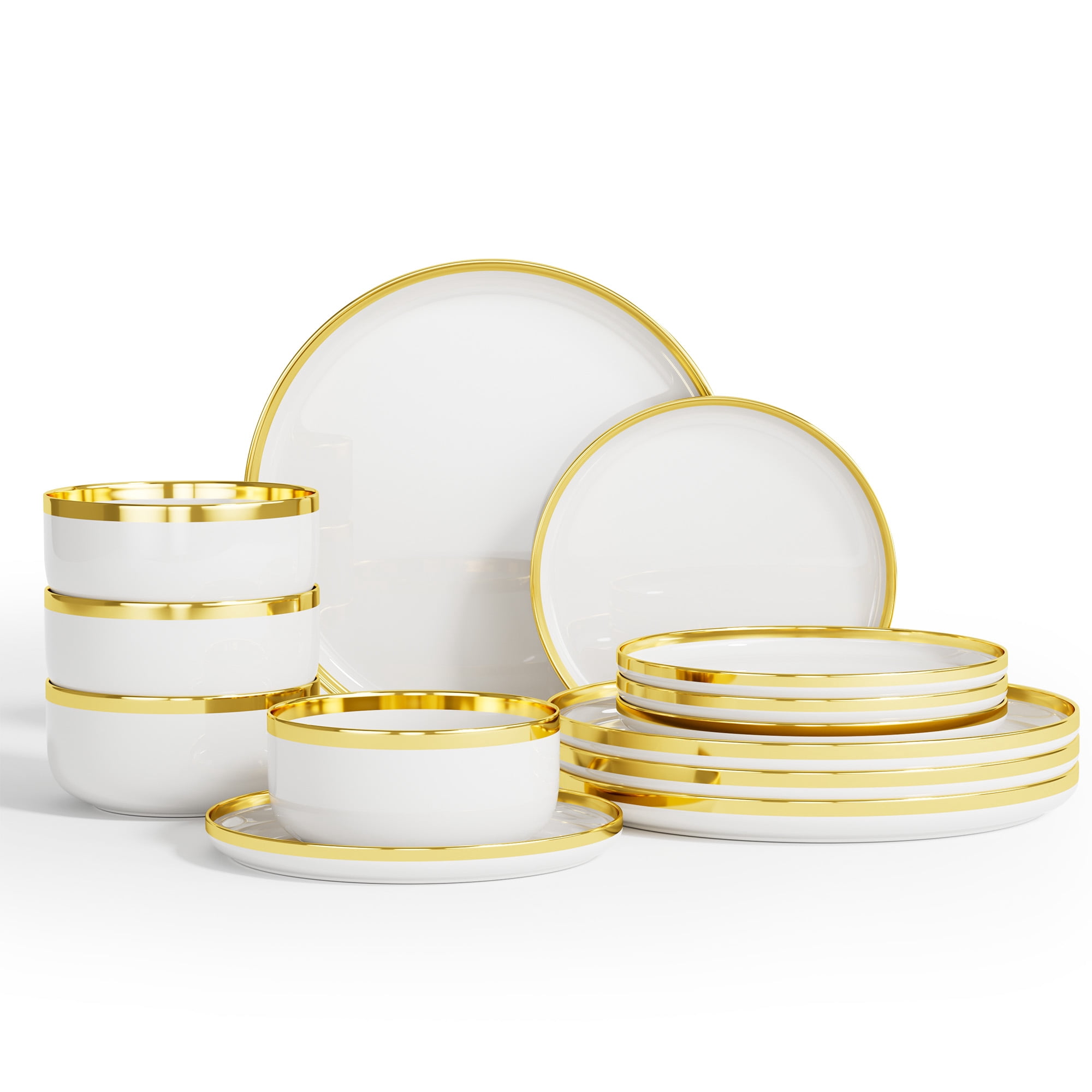 Ollieroo Kitchen Plates and Bowls Sets, 12 Pieces Porcelain Dinnerware Set for 4, Handmade Ceramic Dish Set wtih Gold Rim, White, Not Suitable for Microwave&Dishwasher&Oven