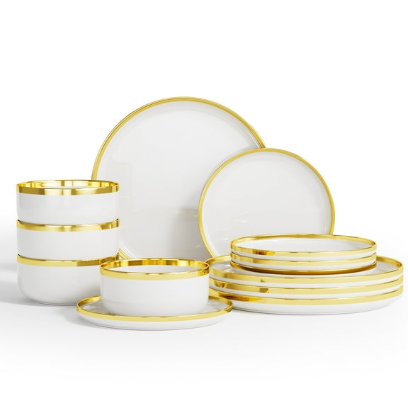 Ollieroo Kitchen Plates and Bowls Sets, 12 Pieces Porcelain Dinnerware Set for 4, Handmade Ceramic Dish Set wtih Gold Rim, White, Not Suitable for Microwave&Dishwasher&Oven