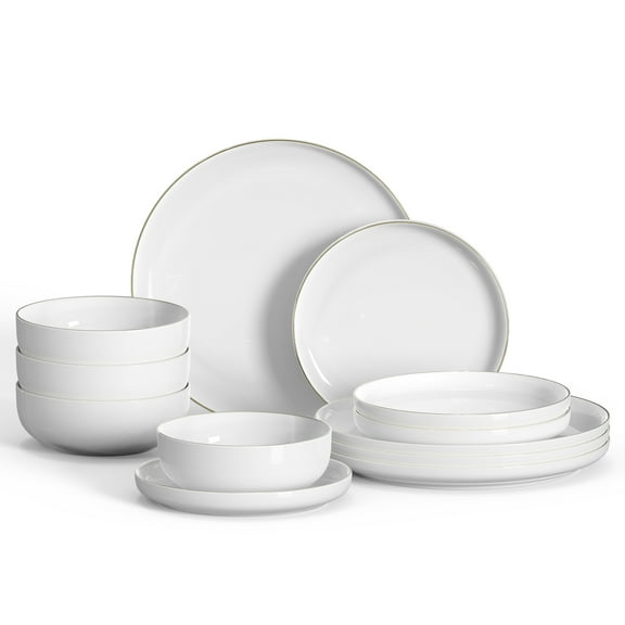 Ollieroo Kitchen Plates and Bowls Sets, 12 Pieces Porcelain Dinnerware Set for 4, Handmade Ceramic Dish Set wtih Gold Rim, Not Suitable for Microwave&Dishwasher&Oven