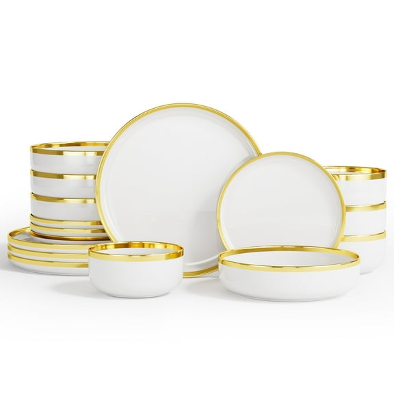 Ollieroo Kitchen Plates and Bowls Sets, 16 Pieces Porcelain Dinnerware Set for 4, Handmade Ceramic Dish Set wtih Gold Rim,White, Not Suitable for Microwave&Dishwasher&Oven