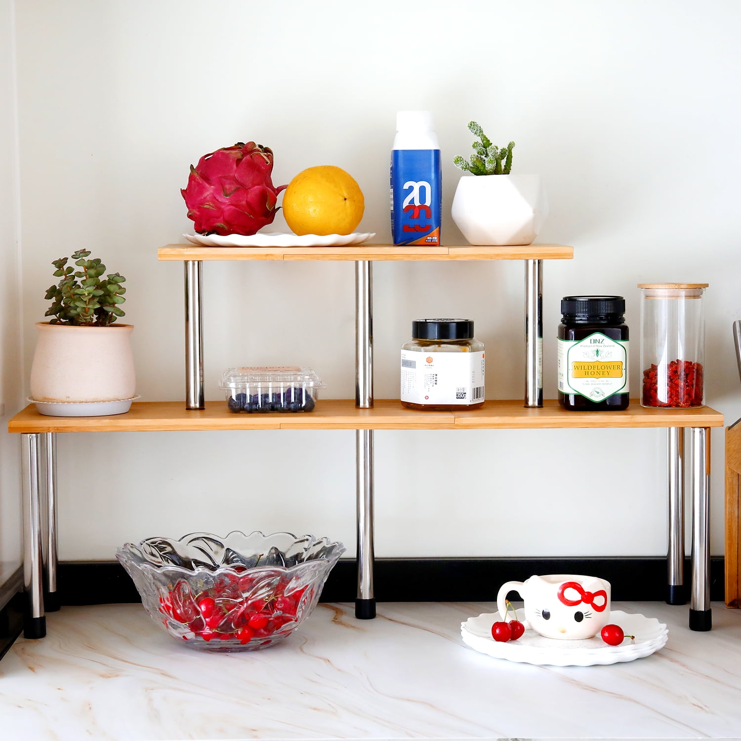 Ollieroo Bamboo 2 Tier Corner Shelf - Kitchen Spice Rack, Countertop ...