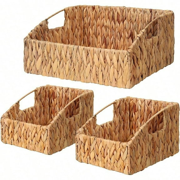 Ollieroo Natural Water Hyacinth Storage Baskets Handwoven Wicker Storage Bins with Builtin Handles Storage Container Baskets for Shees Bedroom Bathroom Laundry Room or Kitchen Set of 3