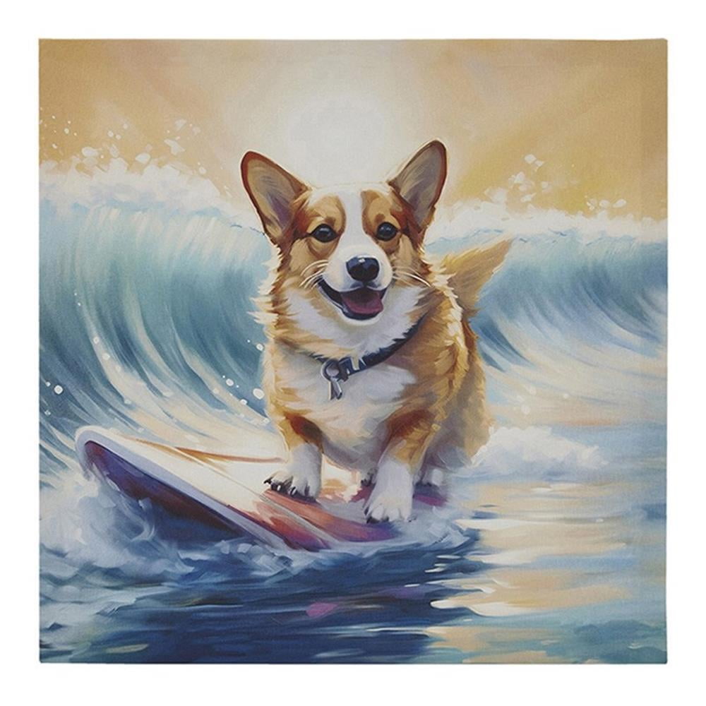 16" Square Multicolor Canvas Wall Art with Surfing Corgi