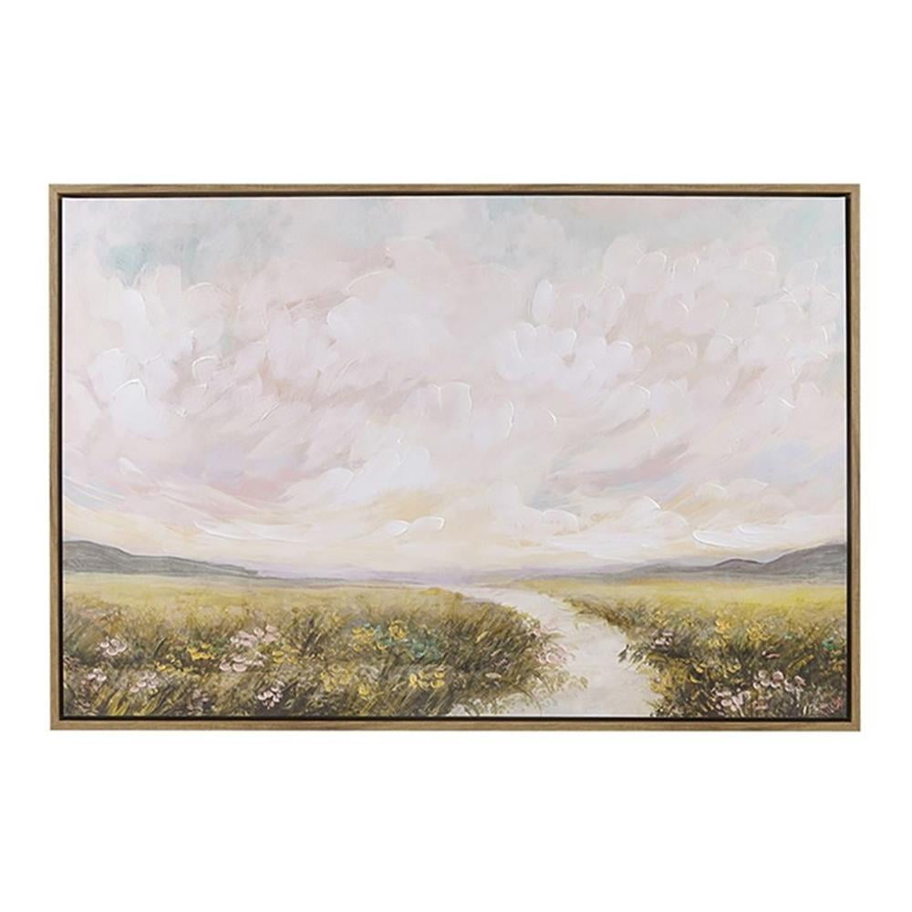 Peaceful River Abstract Landscape Canvas Painting in Brown Frame