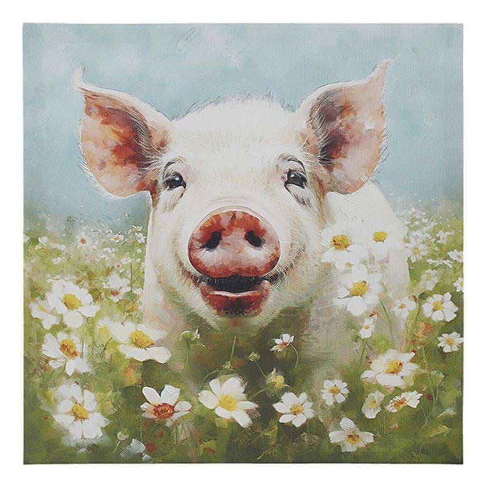 16" x 16" Happy Pig Canvas Wall Art in Green Field