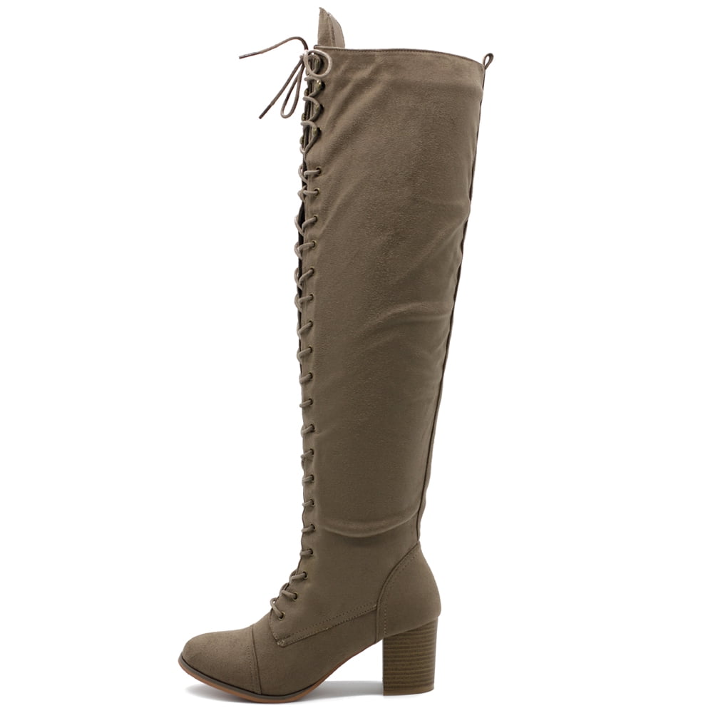 Syktkmx Women's Knee High Boots - Strappy Lace Up Flat Heel, Zip Closure, Faux Leather 1 thumbnail image