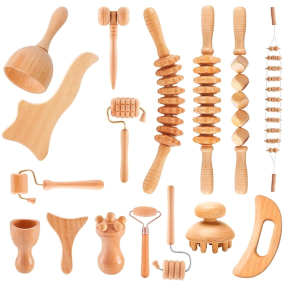 Ollixtec 16-in-1 Wood Therapy Massage Tools Gua Sha, Maderoterapia Kit Muscle Pain Relief, Lymphatic Drainage, Body Sculpting Kit with Facial Wood Roller Fascia Massage