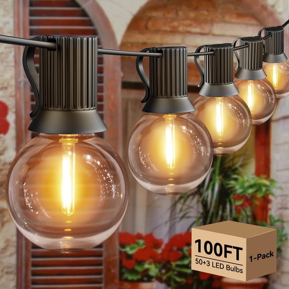 Ollny 100FT LED String Lights Outdoor, Waterproof Patio LED Lights with 53 G40 Edison Bulbs, Warm-white Outside Lights for Garden Bistro Backyard