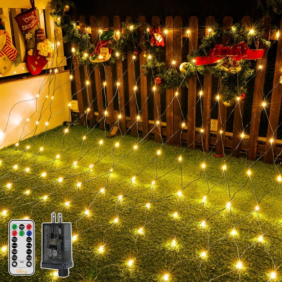 Ollny 10x7ft 210 LED Warm White Net Lights, Connectable IP67 Waterproof Mesh String Lights with 8 Modes & Timer Function for Outdoor Indoor Christmas Tree Bush Wall Decor