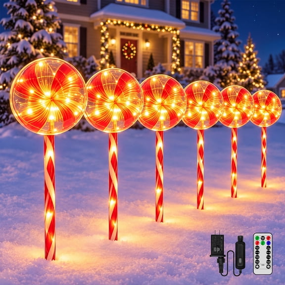 Ollny 24in 6pcs Christmas Lollipop Pathway Lights, 8 Modes Candy Lights with Remote, 90 LEDs Waterproof String Light for Outdoor Garden Yard Decor