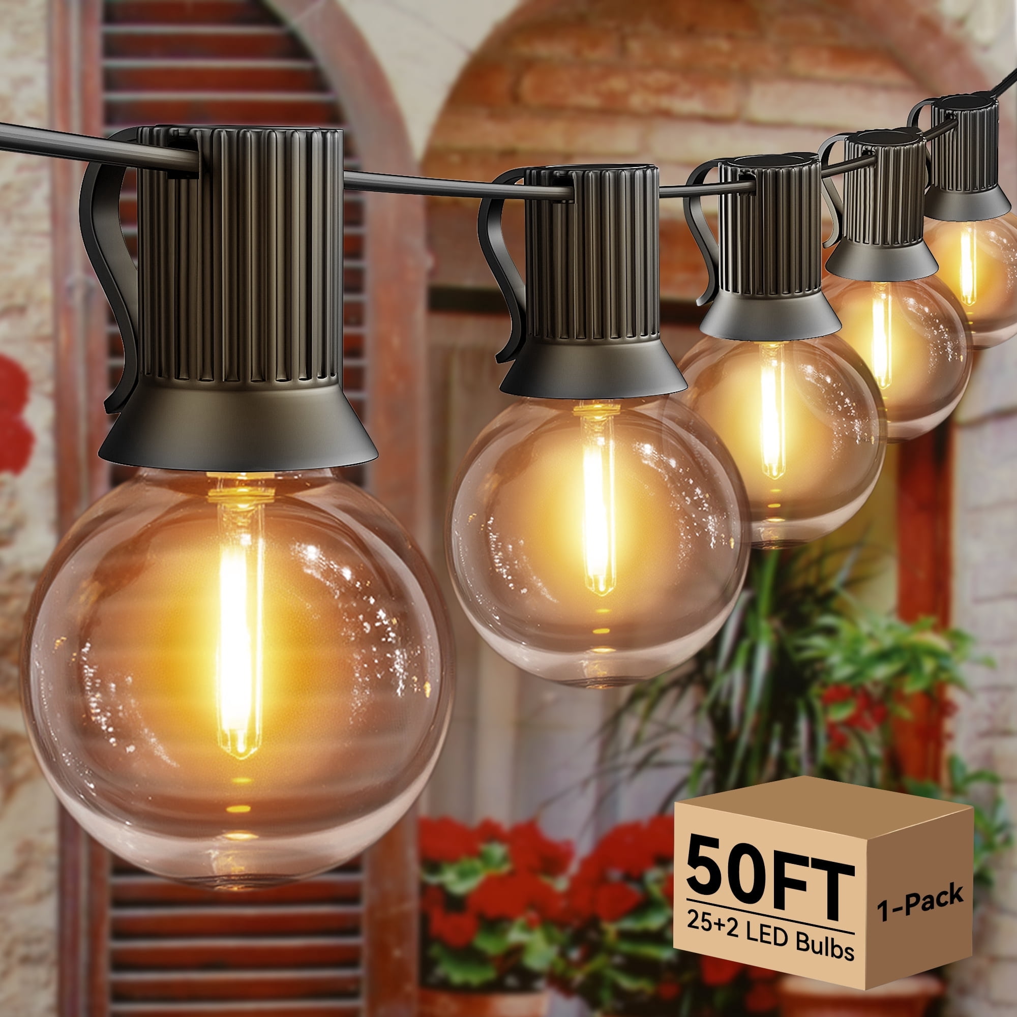 Ollny 50FT LED String Lights Outdoor, Waterproof Patio LED Lights with 27 G40 Edison Bulbs, Warm-white Outside Lights for Garden Bistro Backyard