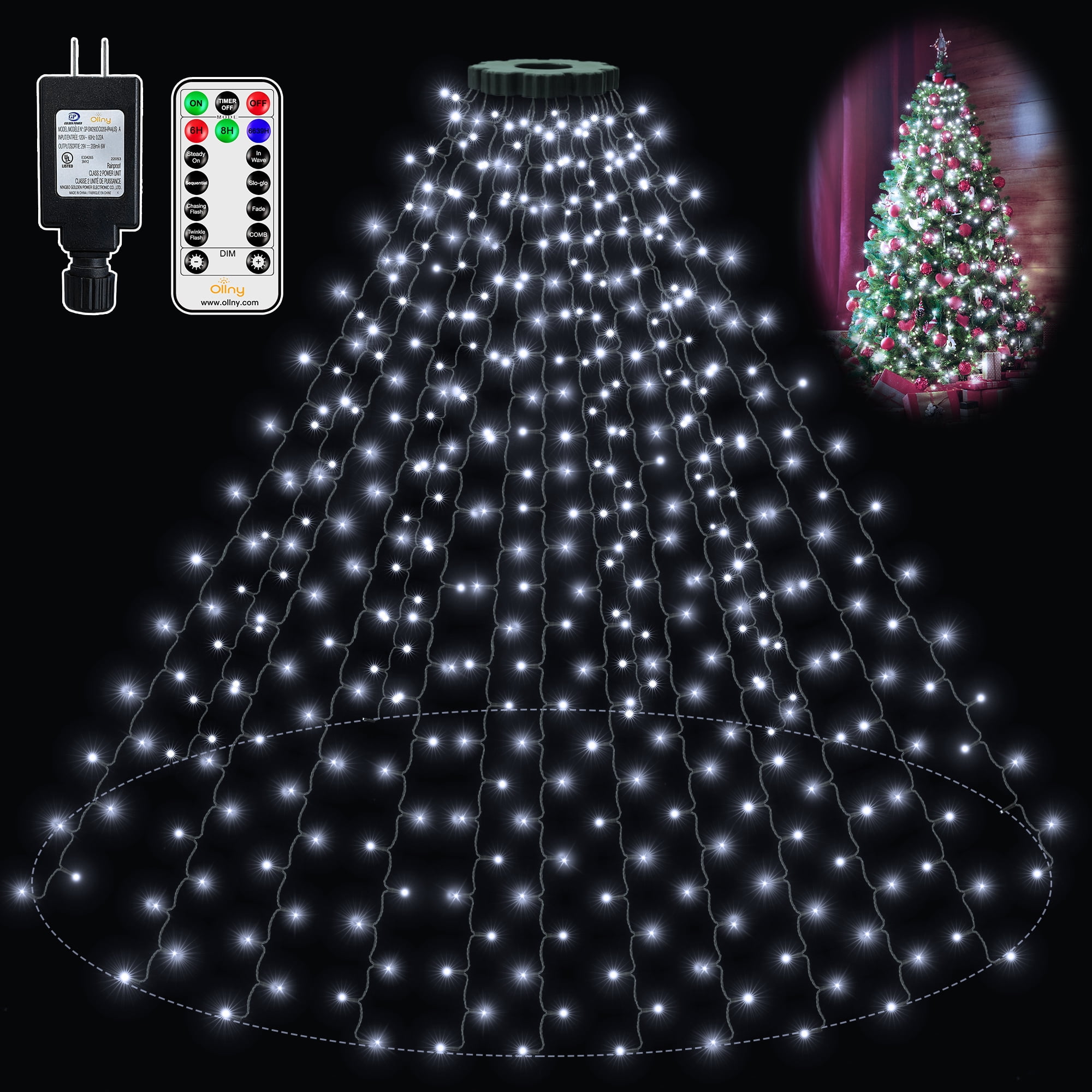Ollny 400 LED Christmas Tree Lights with Remote Control, 8 Lighting Modes Waterproof Indoor Outdoor Christmas Lights for Decorations, White
