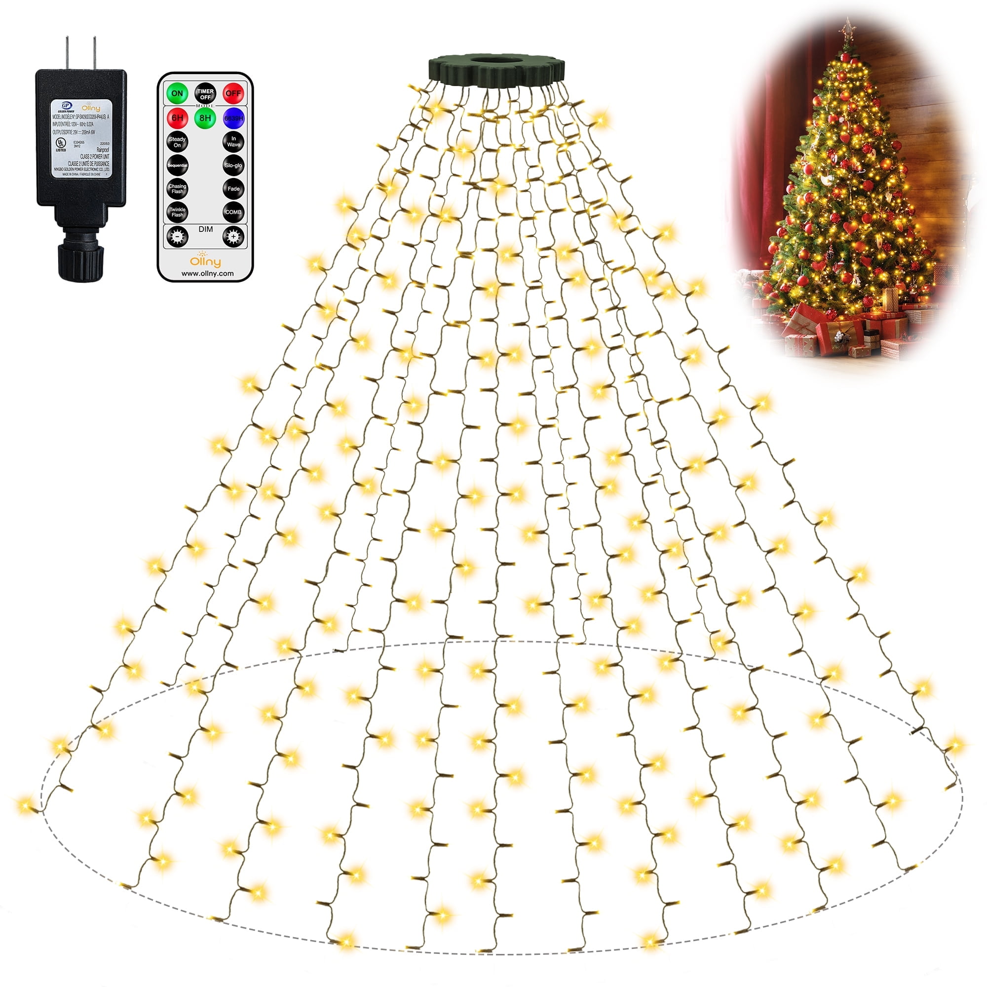 Ollny 400 LED Christmas Tree Lights with Remote Control, 8 Lighting Modes Waterproof Indoor Outdoor Christmas Lights for Decorations, Warm-white