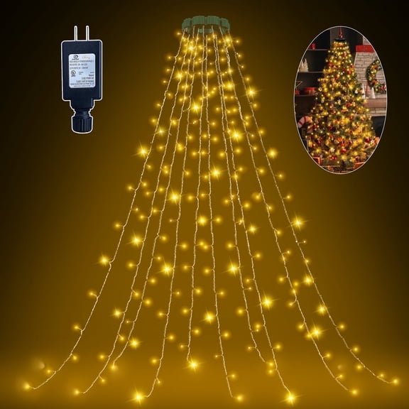 Ollny Christmas Tree Lights with Ring, 8 Modes & 3 Timers Cascading Twinkle Lights for Christmas Tree, 200 LED 6.6FT*10 Lines Waterfall Lights for Indoor Outdoor Xmas Decoration (Warm White)