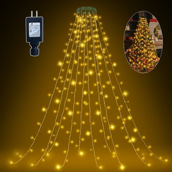 Ollny Christmas Tree Lights with Ring, 8 Modes & 3 Timers Cascading Twinkle Lights for Christmas Tree, 200 LED 6.6FT*10 Lines Waterfall Lights for Indoor Outdoor Xmas Decoration (Warm White)