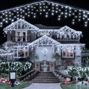 Ollny 12ft 108 LED Icicle Lights for Outside, 8 Lighting Modes 3 Timing Connectable Christmas Lights, Warm White Hanging Lights for Outdoor Indoor House Roof Holiday