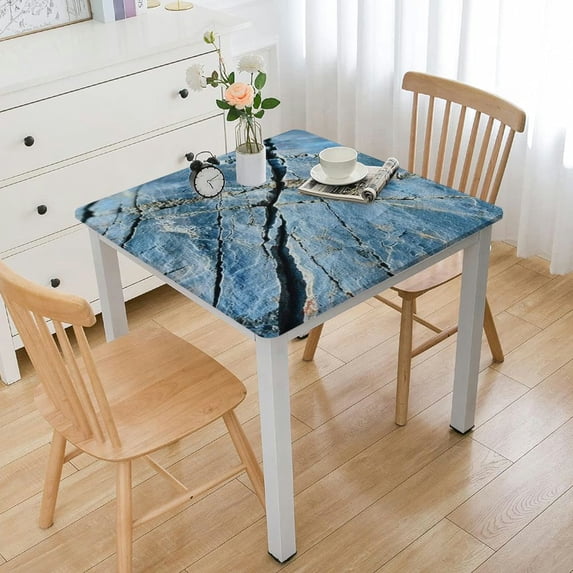 Ollo0ord Table Cover, Exquisite Architecture Floor Nature Faded Rock Picture Elastic Edge, Suitable for Table Decoration, Buffet and Camping, Fit for Square Table Light Blue White