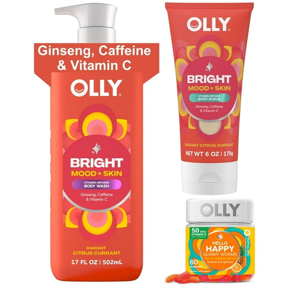 Olly Bright Collection Body Wash & Scrub + Hello Happy Gummy Worms 60 Count
