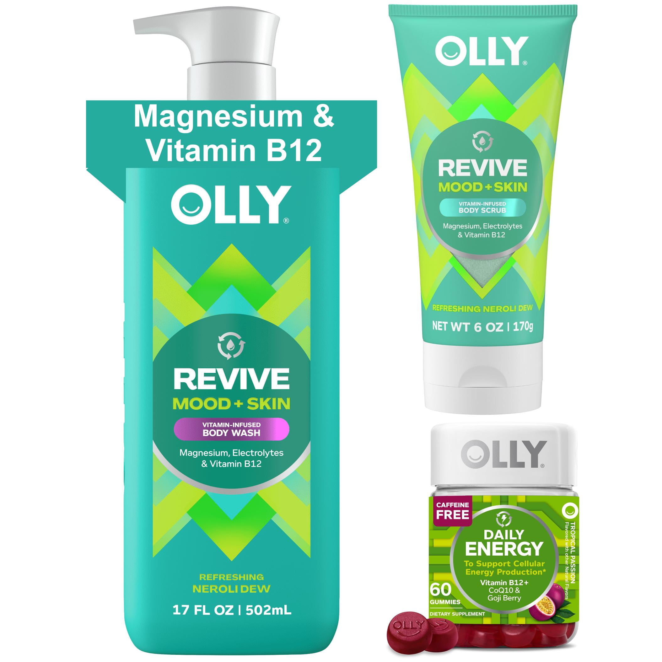 Olly Revive Collection Body Wash & Scrub + Daily Energy Gummies 60 Count