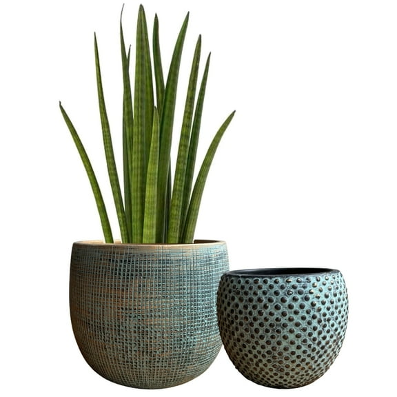 Olly & Rose Ceramic Green Gold Plant Pot Set 2 - 6.8" and 5.5" Indoor Planters Cement Outdoor Flower Pots