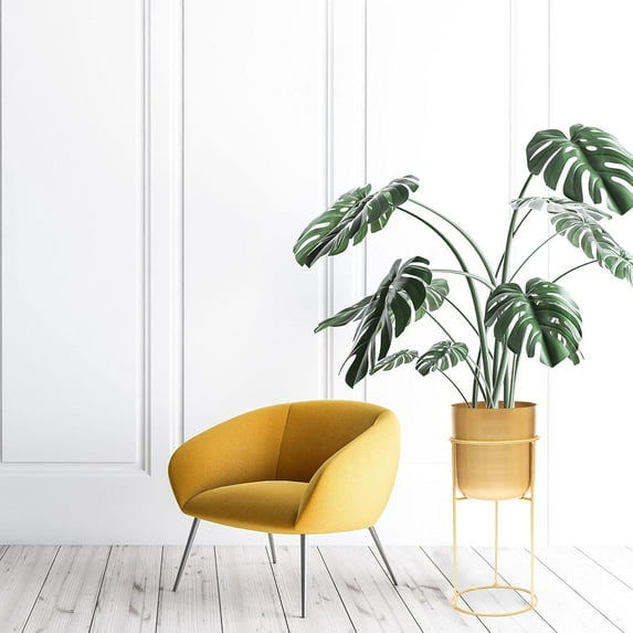 Matt Metal Plant Pot with Gold Plant Stand - Tall 20 Inch Height Large Plant Pot Indoors with Stand - Large Decorative Planter