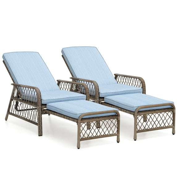 Olmia 2 PC Wicker Outdoor Chaise Lounge, 2 Piece Rattan Pool Side Lay Out Lounge Chairs with Cushions, Retractable Foot-Rest, Arms Blue - Steel Frame
