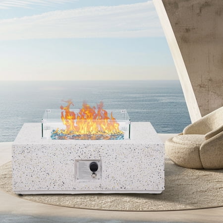 Olmia 35"Square Propane Fire Pit Table with Fire Glass Beads, 50,000 BTU Concrete Firepit Table for Outdoor with Glass Wind Guard and Rain Cover, White