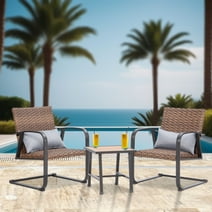 Olmia 3Pcs Outdoor Patio Bistro Set Spring Rattan Chairs and Coffee Table Set,Steel Frame Conversation Furniture Set with Air Fabric Cushions and 2 Pillows