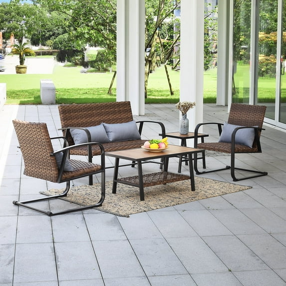 Olmia 5 Piece Outdoor Wicker Chair Conversation Set Spring Rocking Chair with Cushions,Pillows,Tables,Brown