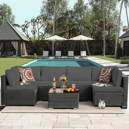 Olmia 7 Piece Patio Furniture sets PE Rattan Wicker Sectional Sofa Set, with Tea Table and Washable Couch Cushions, for Garden Poolside&Patio, Black+Grey