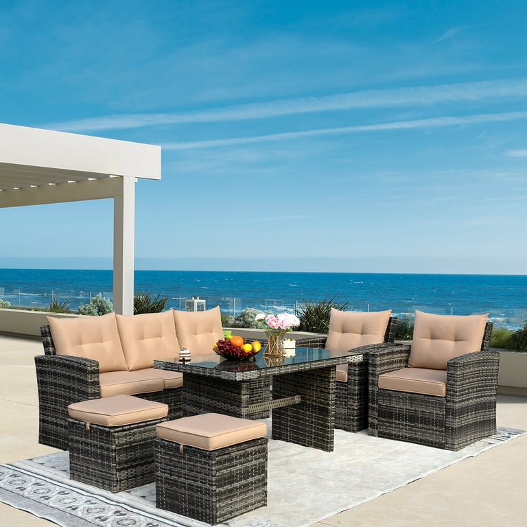 Olmia 8 Piece Wicker Patio Furniture Set Outdoor Dining Set for 7 with Ottomans Tempered Glass Table Outdoor Rattan Sectional Conversation Sofa