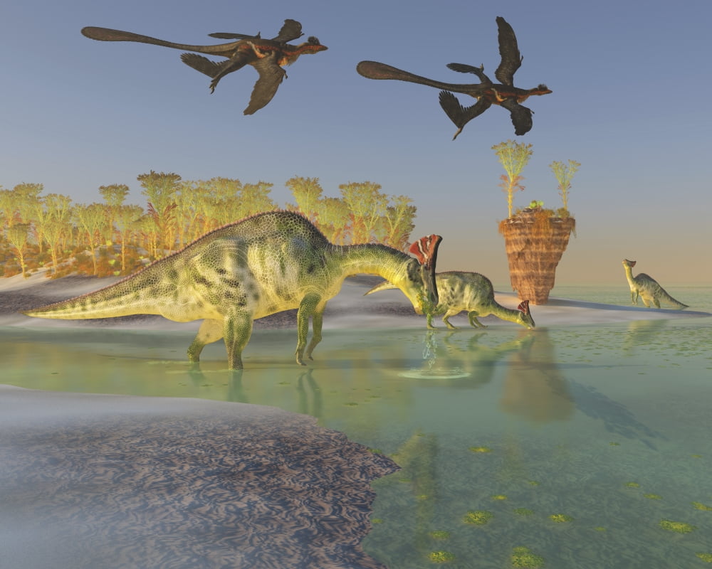 Olorotitan eat duckweed in a large swamp as two Microraptors fly above Canvas Art - Corey FordStocktrek Images (32 x 26)