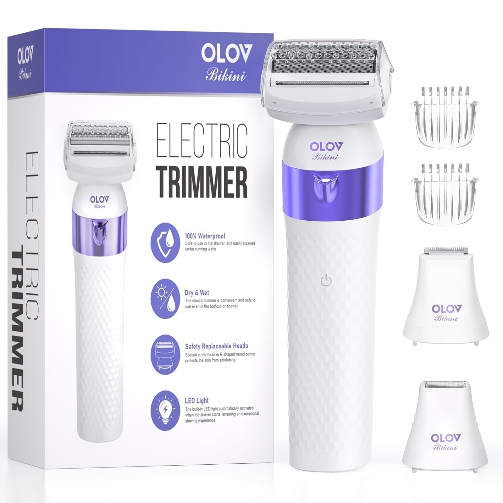 Olov Bikini Trimmer for Women, Rechargeable Electric Shaver with 3 Trimmer Heads, IPX7 Wet & Dry Waterproof Razor for Bikini Line, Legs, and Underarms – Smooth, Precise Hair Removal