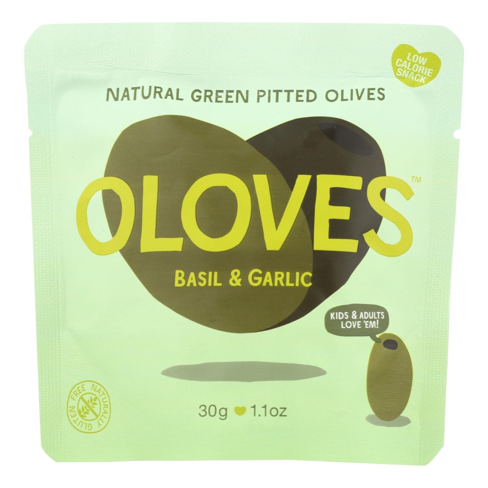 Poshi Green Pitted Olives Non-GMO - Basil and Garlic 1.1 oz. Pack of 10 -Box
