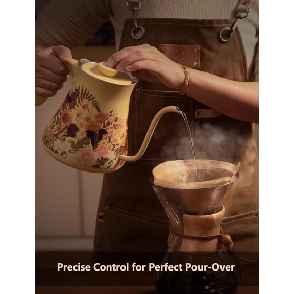 Olumaramio 0.8L Gooseneck Electric Kettle with Precise Temp Control for Pour Over Coffee & Tea, Floral Design Stainless Steel