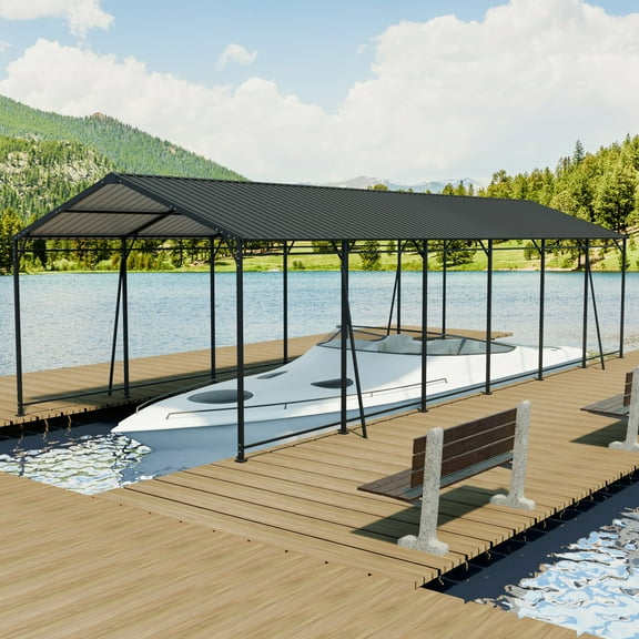 Olurrisa 12x32 FT Heavy Duty Carport, Galvanized Steel Roof with 4 Reinforced Supports, Large Metal Garage for Cars, Trucks, Boats, All-Weather Shelter