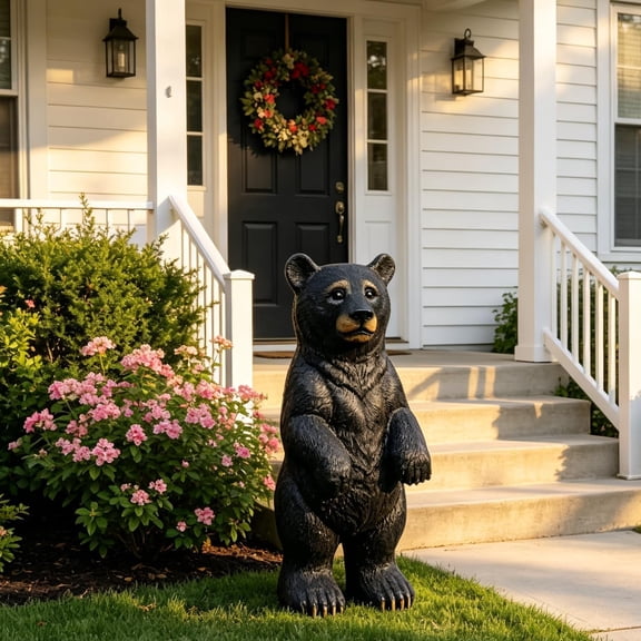 Olurrisa 19.69" Weather Resistant Resin Standing Black Bear Statue, Realistic Bear Figurine Ornament, Rustic Cabin, Yard, Lawn, Patio & Outdoor Garden Decor