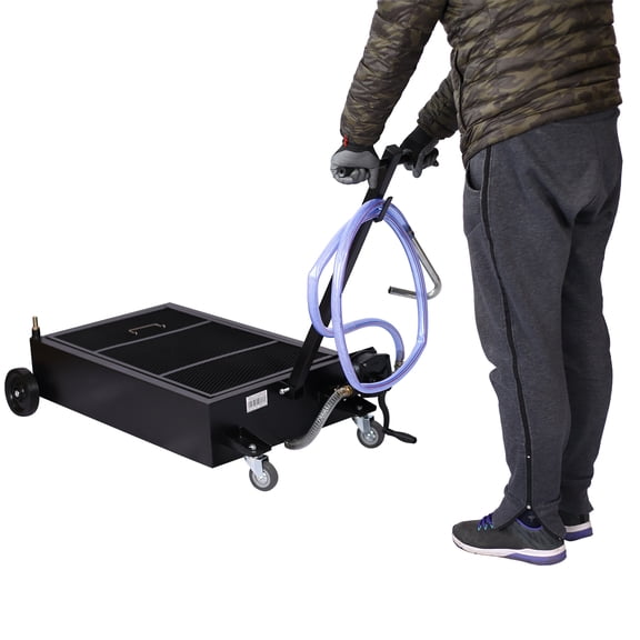Olurrisa 25-Gallon Low-Profile Oil Drain Pan with Manual Pump, 18L/min Flow for Trucks & SUVs, Steel Black Design