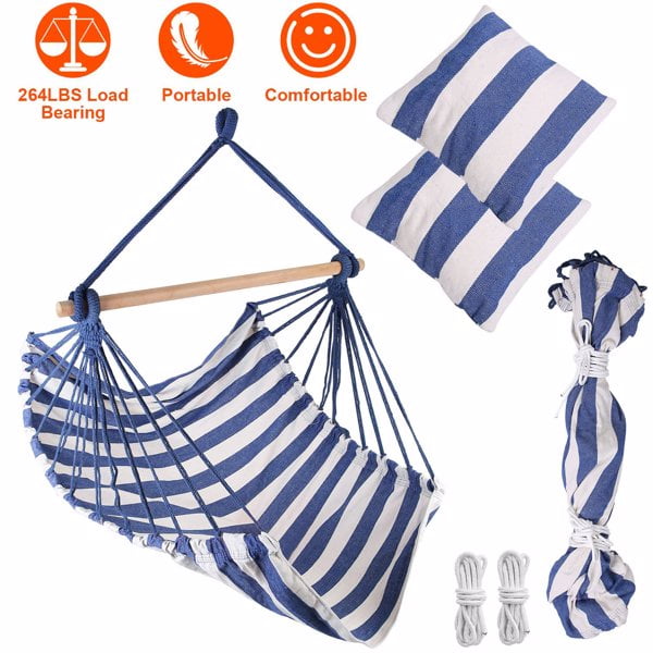 Olurrisa 264LBS Capacity Canvas Hammock Chair with 2 Pillows - Portable Outdoor Hanging Seat for Patio/Camping/Beach, Includes Wooden Stick & Ropes (Blue)