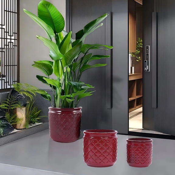 Olurrisa 3 Pieces Ceramic Flowerpot, Modern Planter for Patio, Garden or Windowsills - Bean Paste Red