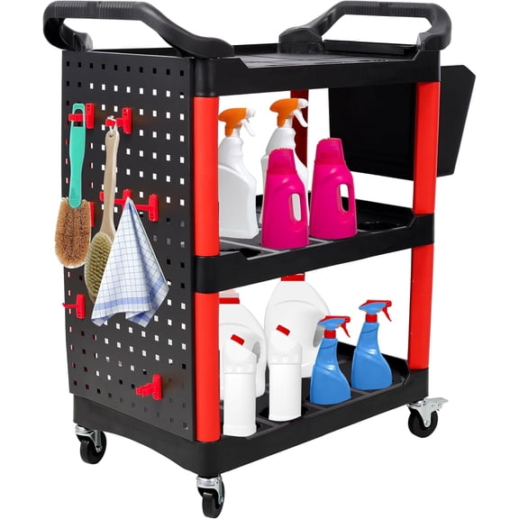 Olurrisa 3 Tier Rolling Auto Detail Cart With Wheels,With Bucket & Panel & Hook,for Detailers Garage, Workshop, Repair Shop, Storage Tool,Red&Black