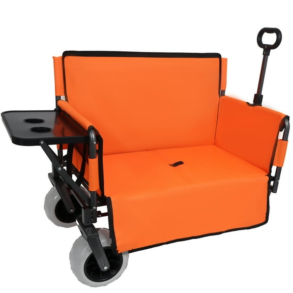 Olurrisa 3-in-1 Folding Wagon with Bench Seat & Rear-Mounted Folding Tabletop – 500lbs Capacity, 9"x4" Beach Tires for Camping, Orange
