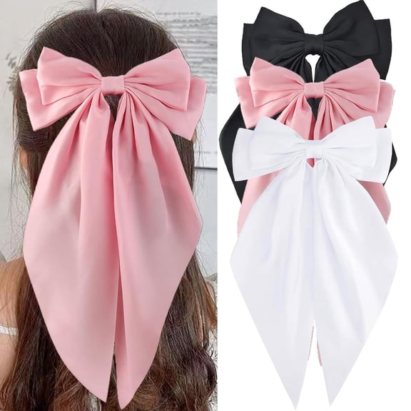 Olurrisa 3PC Large Hair Bows for WomenLarge Hair Barrettes Ribbon for Girls Giant Long Bow Hair Clips Ponytail Holder Silk Big Hair Clips Accessories for Women