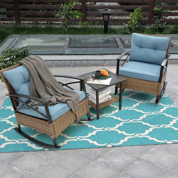 Olurrisa 3pc Grey Rattan Rocking Chair Set for Outdoor, Steel Frame Leisure Patio Rocking Chairs with Side Table